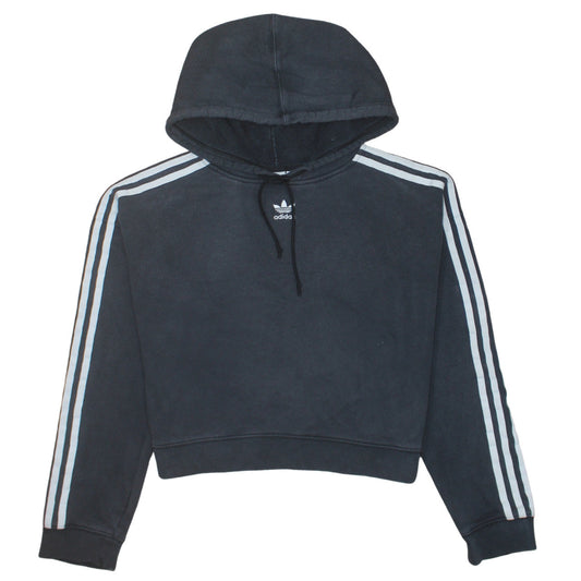 Adidas Women Black Hooded Pullover Hoodie Size 10 Drawstring 3 Stripe