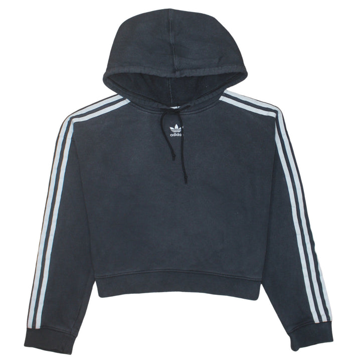 Adidas Women Black Hooded Pullover Hoodie Size 10 Drawstring 3 Stripe