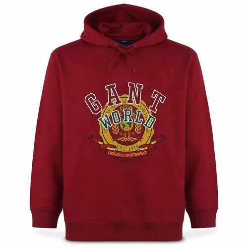 GANT Men's Red XL Relaxed Fit Pullover Hoodie with Embroidered Logo