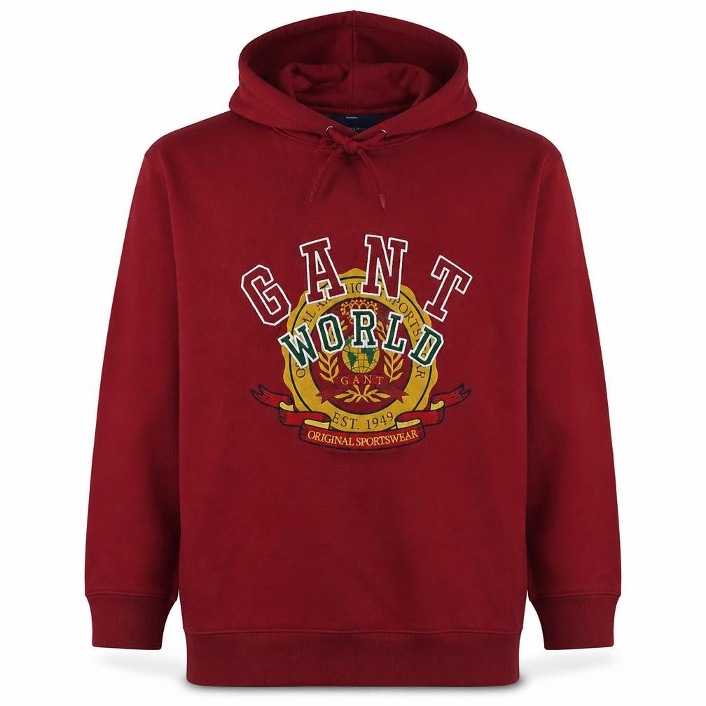 GANT Men's Red XL Relaxed Fit Pullover Hoodie with Embroidered Logo