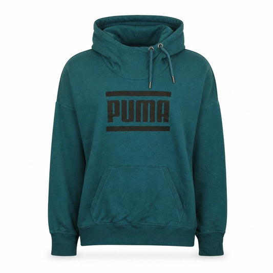 Front view of Puma women’s teal green hoodie, size UK 10, pullover logo cotton blend