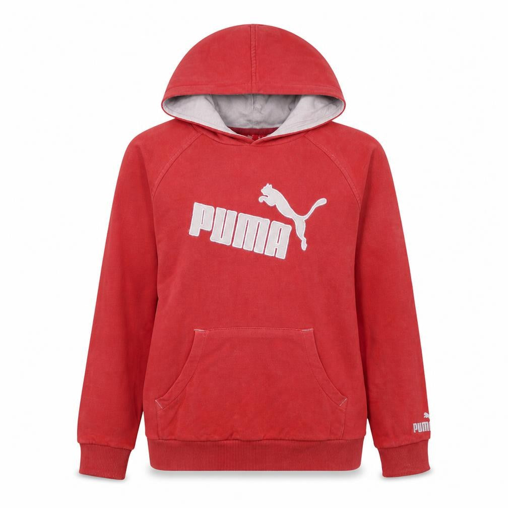 Front view of PUMA Teens Red Pullover Hoodie Sweatshirt, size 12, Logo Graphic