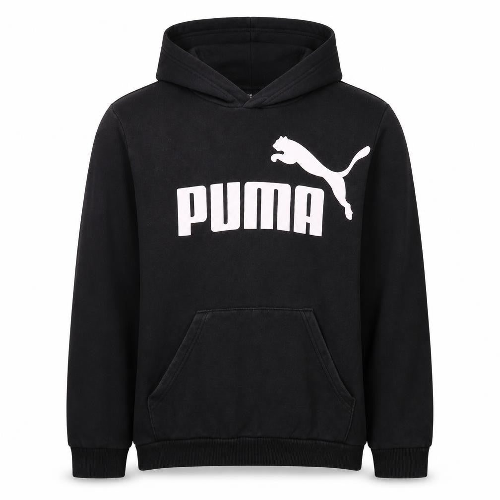Front view of Puma boys’ black xl pullover hoodie with logo print