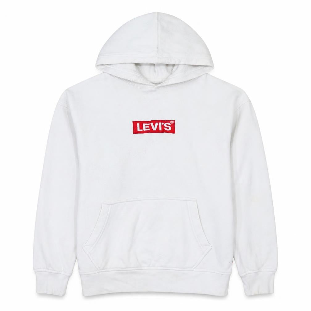 Front view of Levi's Men's White Relaxed Fit Pullover Hoodie, size S