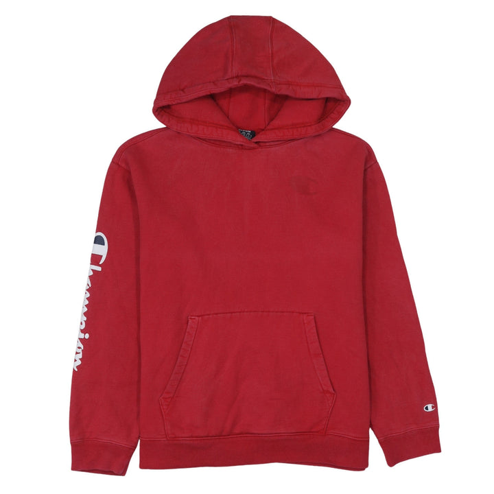 Champion Men's Red Pullover Hoodie Medium Logo Sleeve Fleece