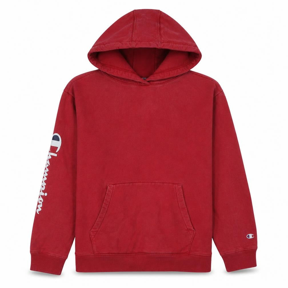 Front view of Champion Men's Red Pullover Hoodie Medium Logo Sleeve Fleece