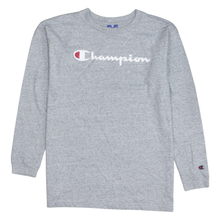 Champion Men's Grey Long Sleeve Crew Neck Logo T-Shirt Size S