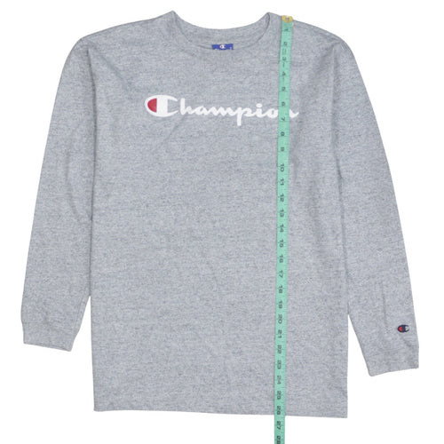 Champion Men's Grey Long Sleeve Crew Neck Logo T-Shirt Size S