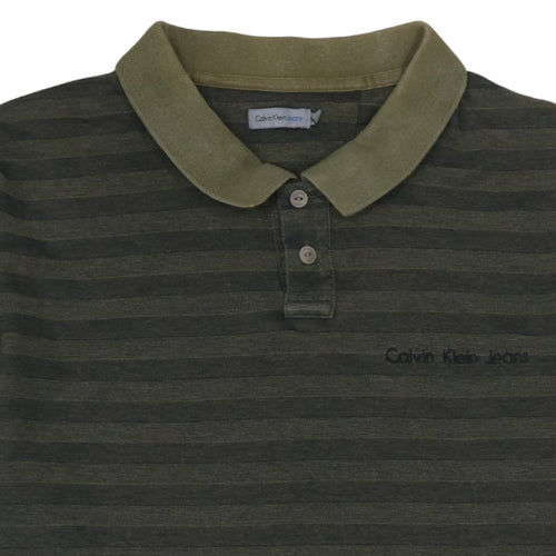 Calvin Klein Jeans Men’s Green Striped Polo Shirt Size M Cotton
