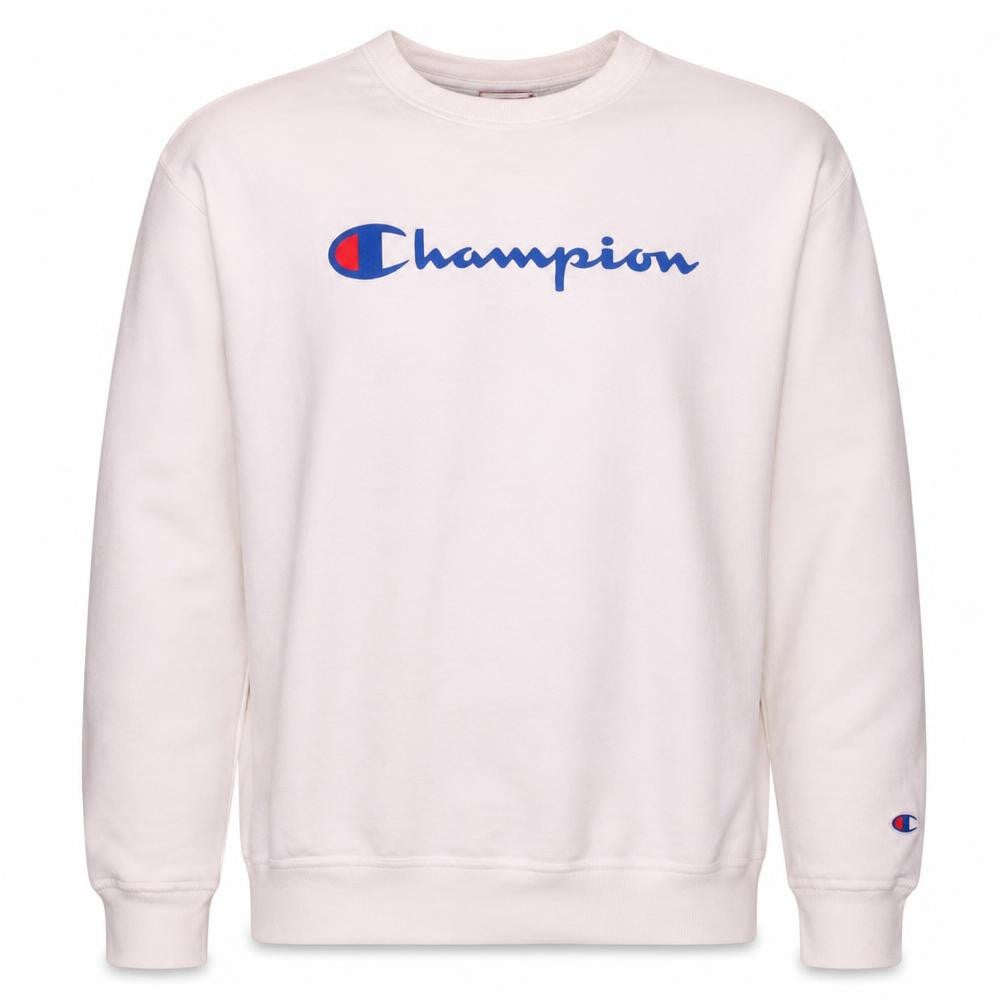 Front view of Champion Men's White Logo Crew Neck Pullover Sweatshirt L