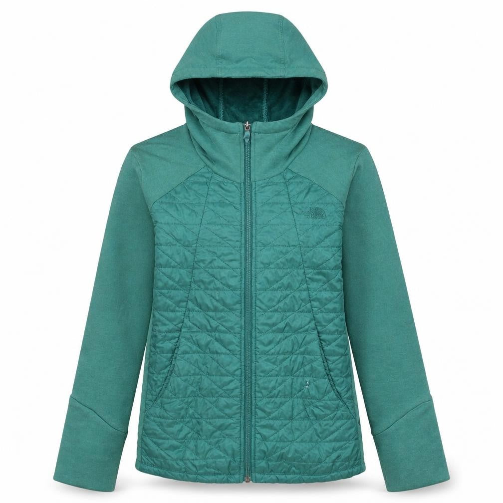 Front view of The North Face women’s green s hooded quilted full zip jacket