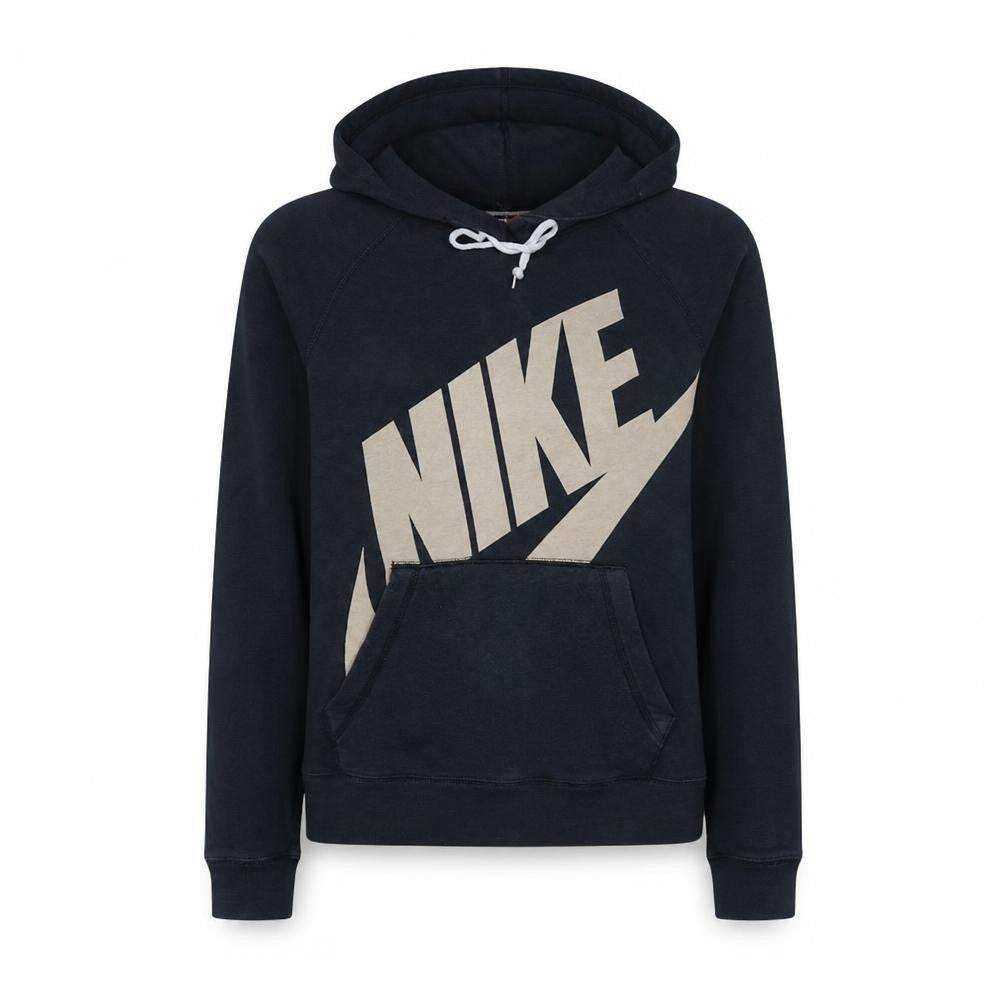 Front view of Nike women’s black beige pullover hoodie medium logo print