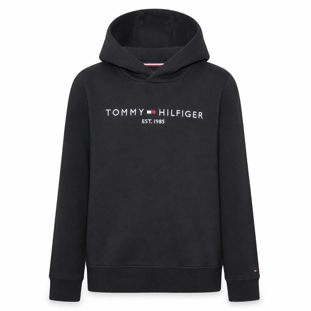 Front view of Tommy Hilfiger boys’ black pullover hoodie 164cm cotton blend logo design