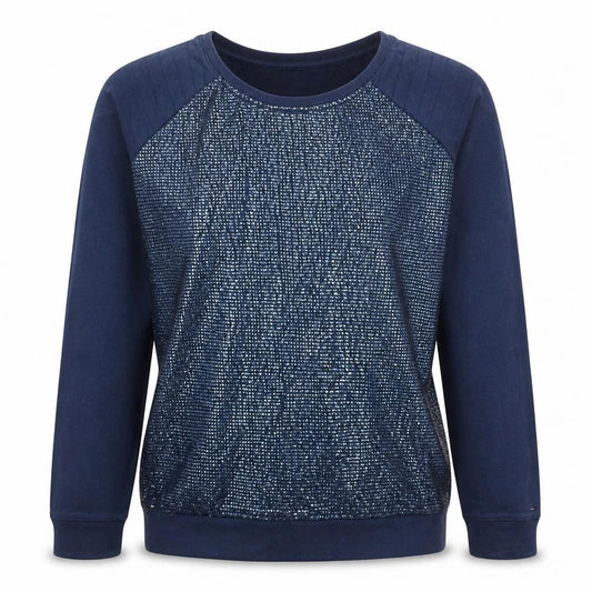 Front view of Hilfiger Denim women’s navy blue sequin pullover sweatshirt, size L