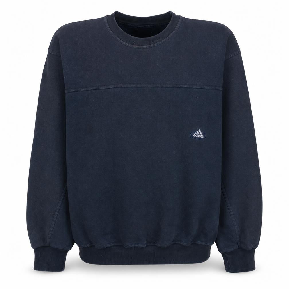 Front view of Adidas men’s blue crew neck pullover sweatshirt, size M