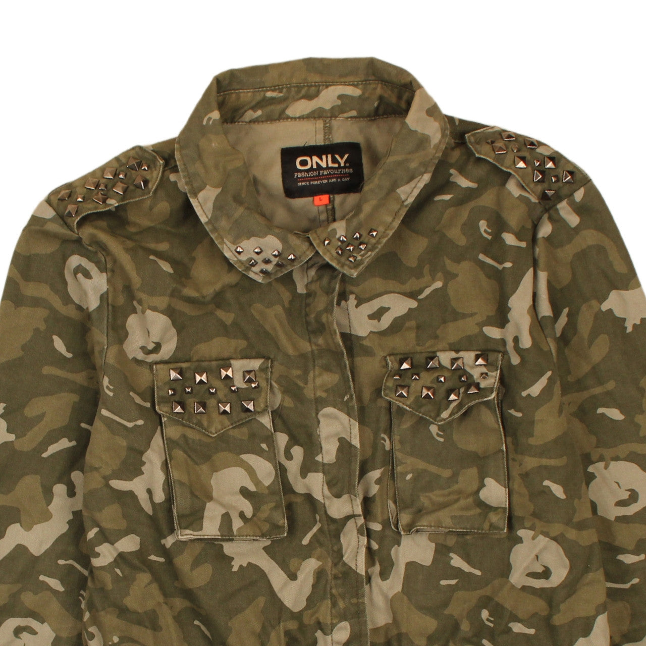 ONLY Womens Green Camouflage Studded Military Jacket L