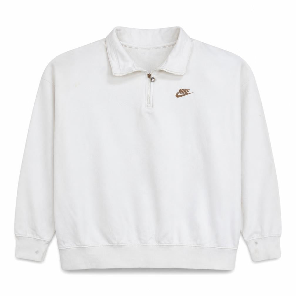 Front view of Nike Women White 1/4 Zip Oversized Sweatshirt L Logo Cotton Blend