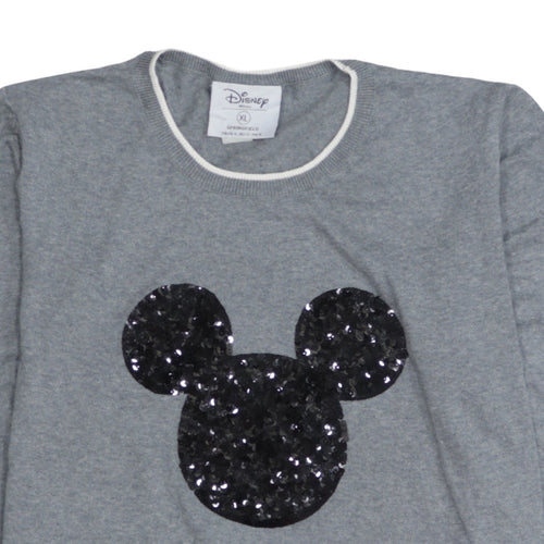 Disney Women's Grey Sequin Mickey Mouse Pullover Jumper XL