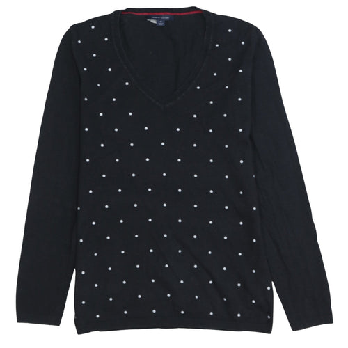 Tommy Hilfiger Women Black Polka Dot Cotton V-Neck Jumper M