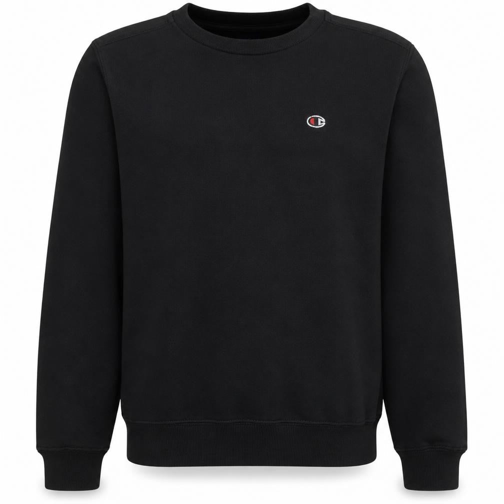 Front view of Champion Men's Black Small Crew Neck Fleece Pullover Sweatshirt