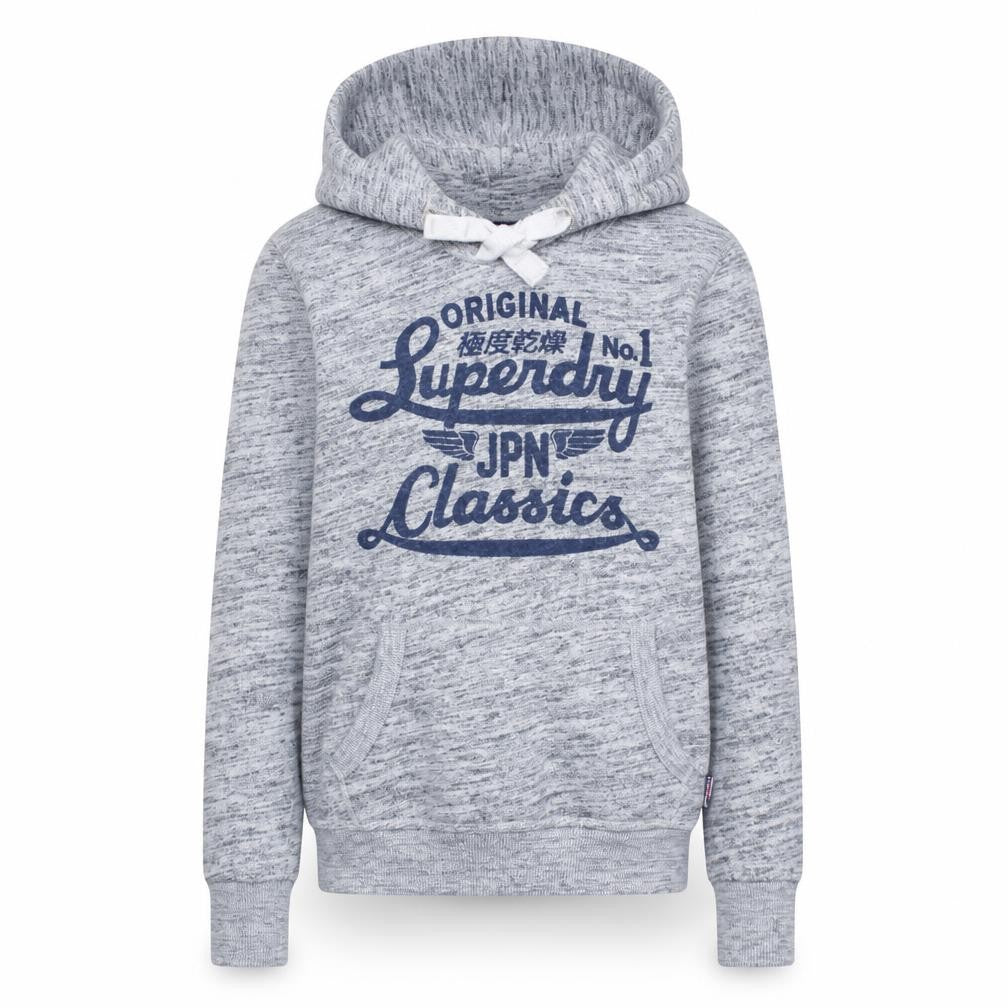 Front view of Superdry women’s grey pullover hoodie, size S, vintage logo sweatshirt