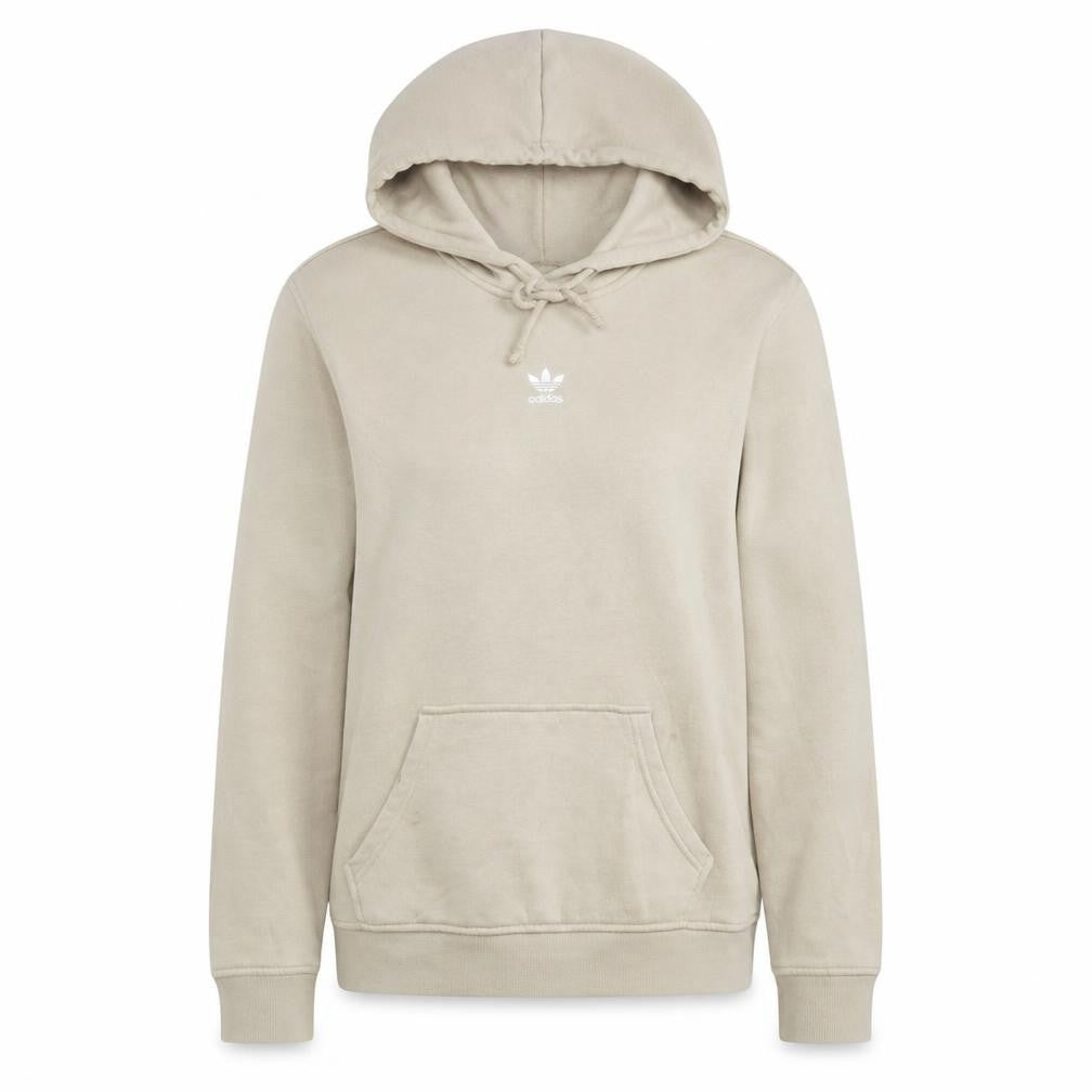 Front view of Adidas women’s beige pullover hoodie, size UK 8, with logo and pockets