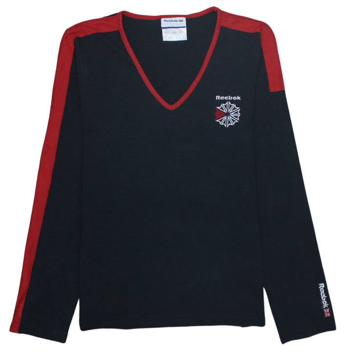 Reebok Womens Black Red V-Neck Long Sleeve Cotton Sports Top Size 18