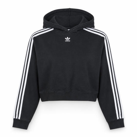 Front view of Adidas women’s black cropped pullover hoodie, size UK 10, hooded casual sweatshirt