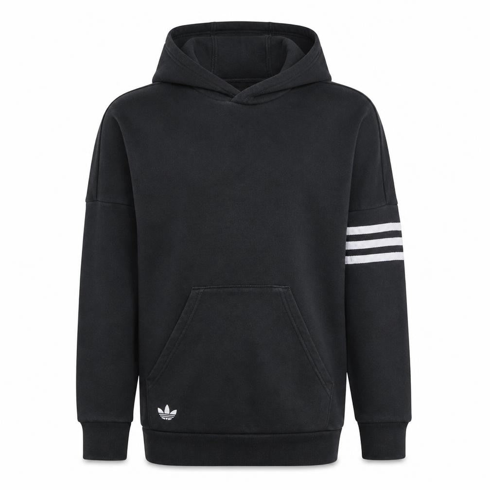 Front view of Adidas boys’ black pullover hoodie 11-12 years logo stripe cotton