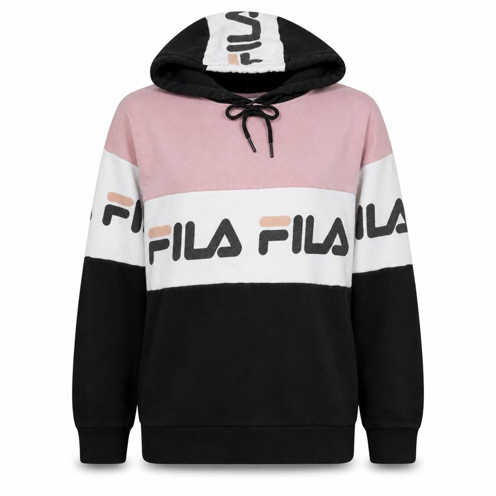Front view of Fila Women’s Pink Black Colourblock Pullover Hoodie, size M
