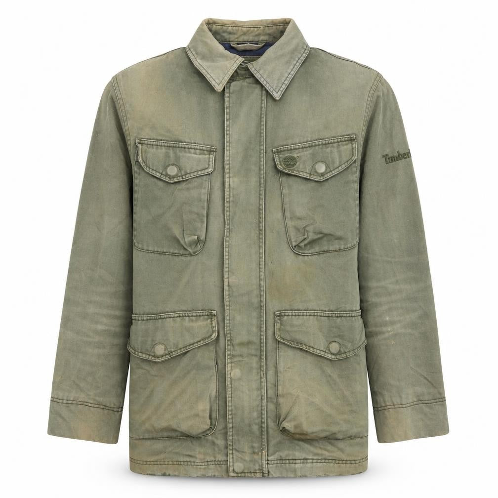 Front view of Timberland Men's Green Cotton Military Jacket, size S, Regular Fit