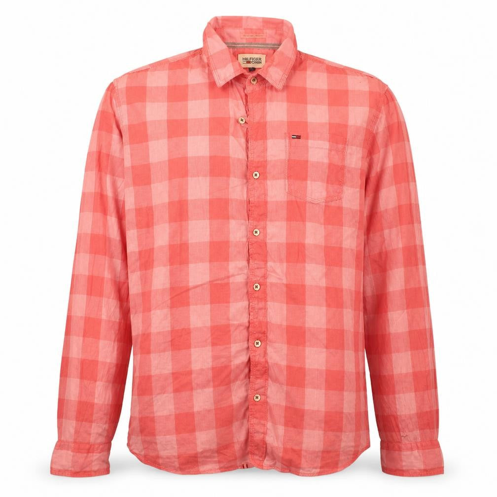 Front view of Hilfiger Denim Men's Red Check Long Sleeve Button-Up Shirt L