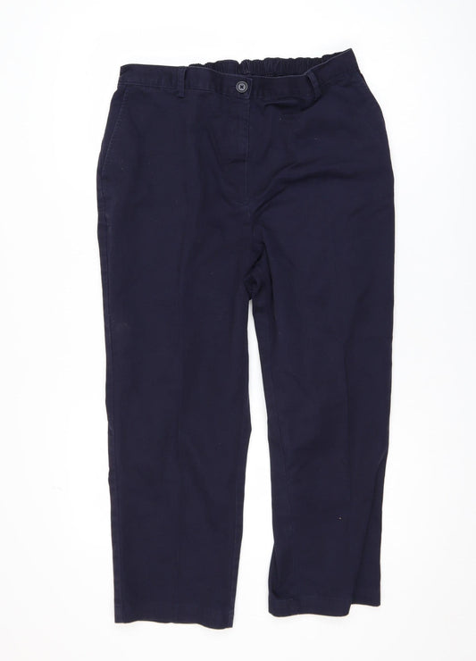 Lands' End Women's Navy High Rise Straight Leg Cotton Blend Trousers UK 16