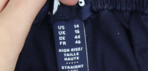 Lands' End Women's Navy High Rise Straight Leg Cotton Blend Trousers UK 16