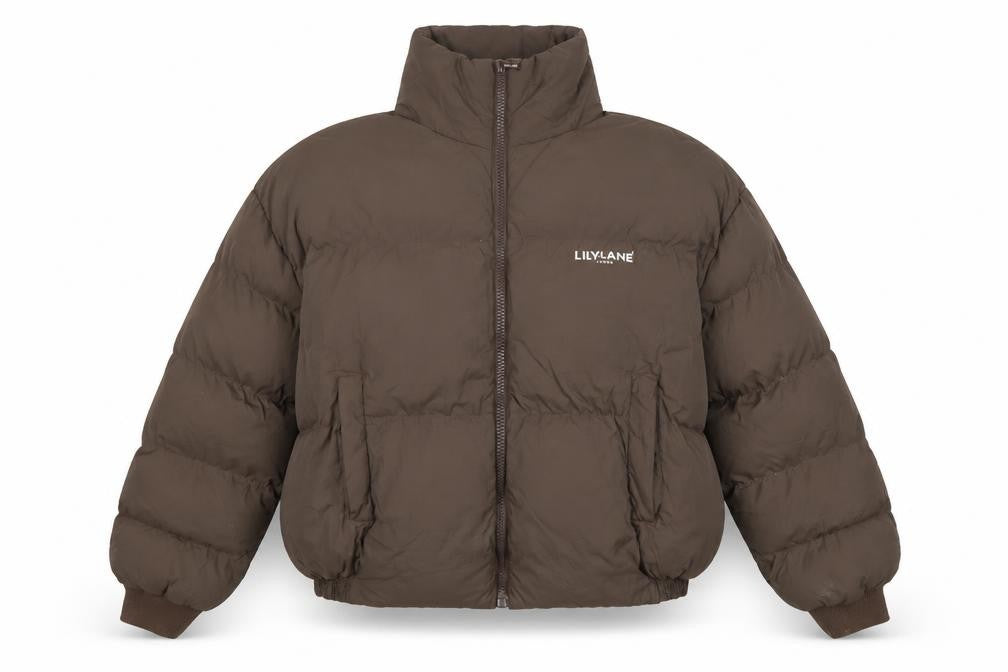 Front view of Lilylane Women Brown Puffer Jacket Medium Winter Nylon Zip Coat