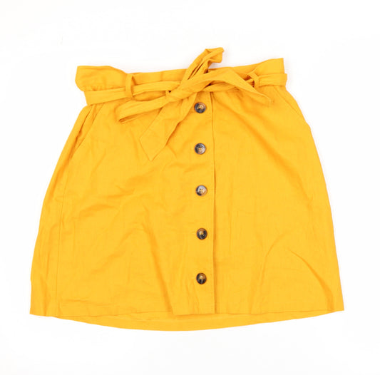 ASOS Women Yellow Linen A-Line Button Belted Skirt Size 14