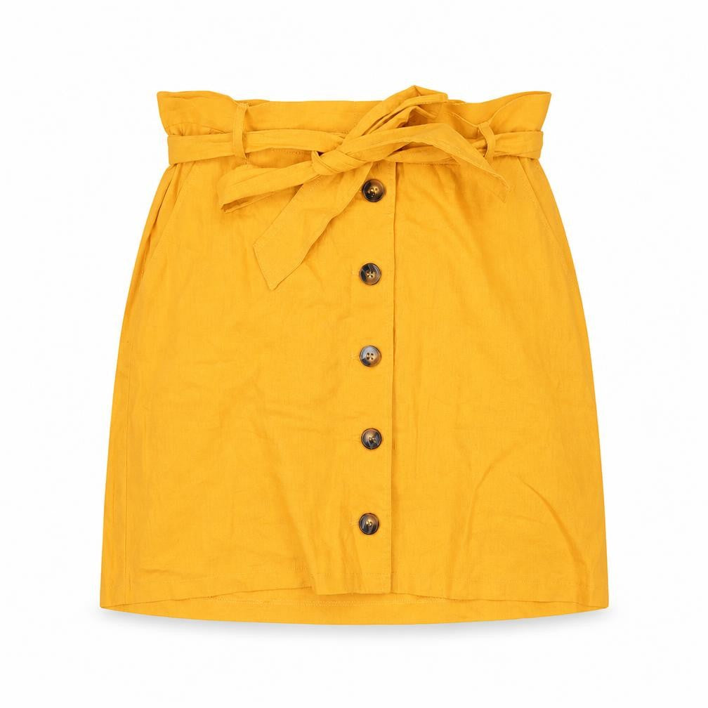 ASOS Women Yellow Linen A-Line Button Belted Skirt Size 14