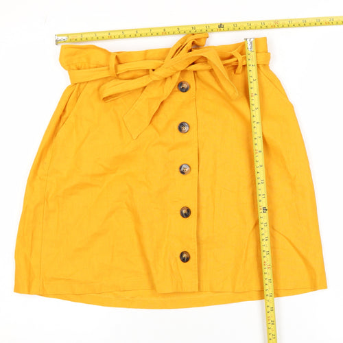 ASOS Women Yellow Linen A-Line Button Belted Skirt Size 14