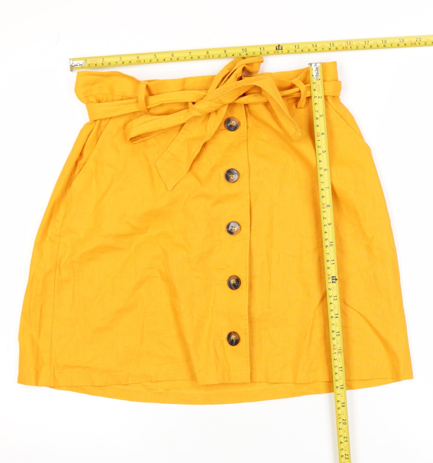 ASOS Women Yellow Linen A-Line Button Belted Skirt Size 14