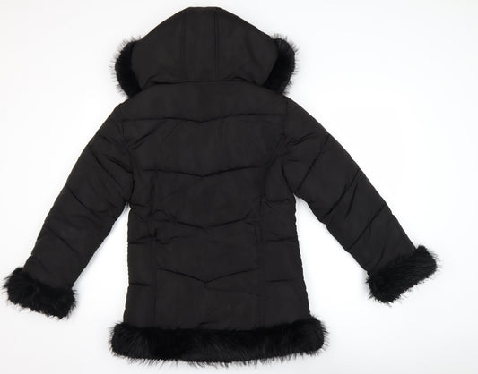 River Island Girls Black Faux Fur Trim Hooded Puffer Coat 11-12 Years