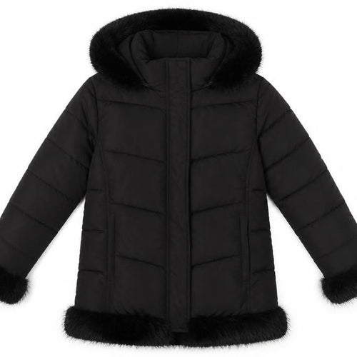 River Island Girls Black Faux Fur Trim Hooded Puffer Coat 11-12 Years