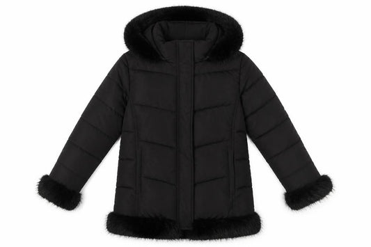 River Island Girls Black Faux Fur Trim Hooded Puffer Coat 11-12 Years