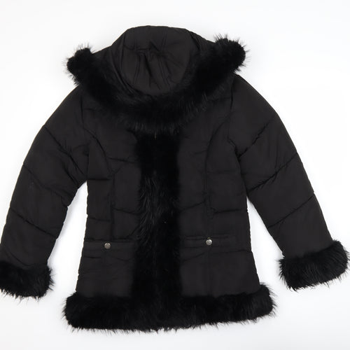 River Island Girls Black Faux Fur Trim Hooded Puffer Coat 11-12 Years