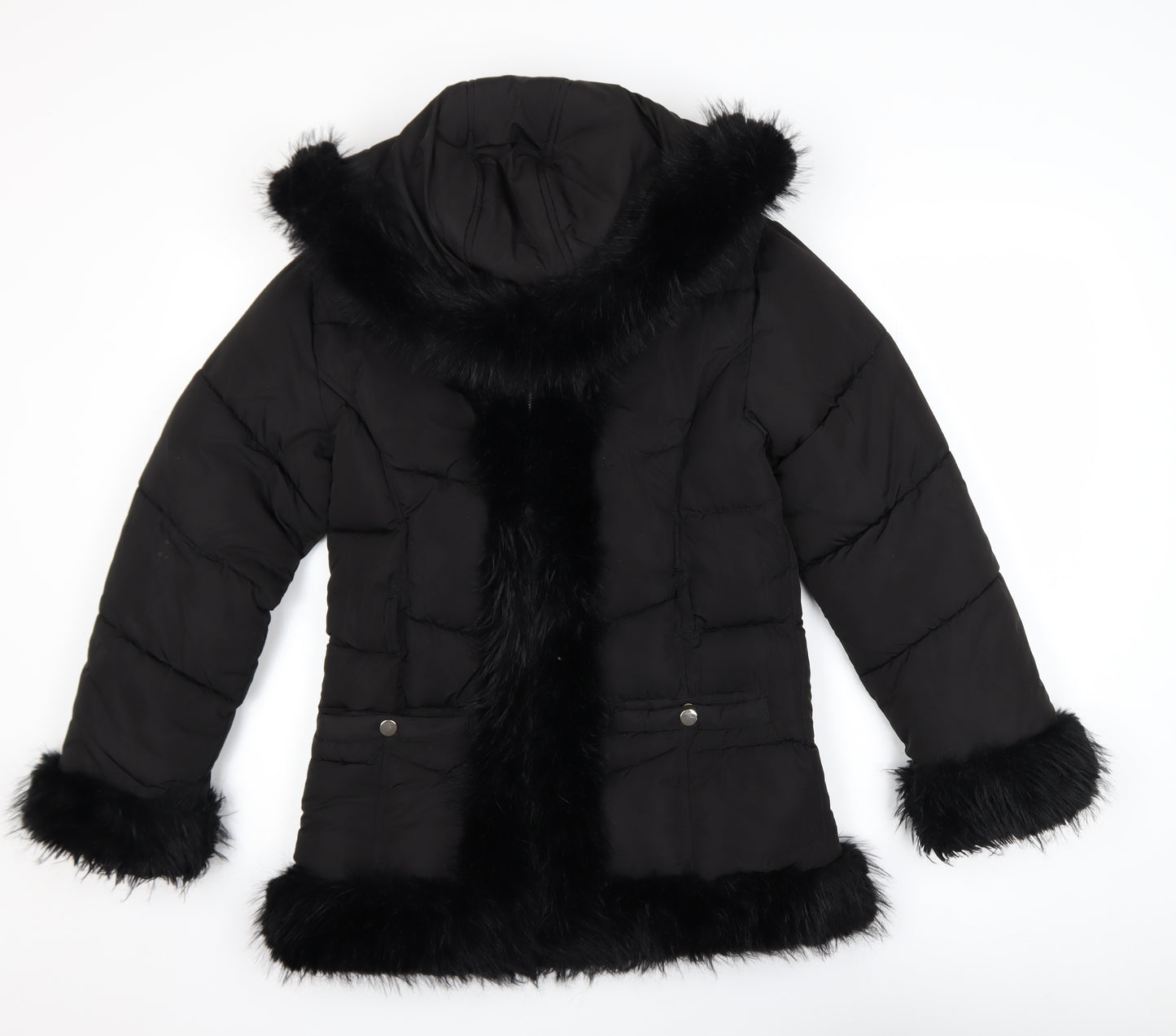 River Island Girls Black Faux Fur Trim Hooded Puffer Coat 11-12 Years