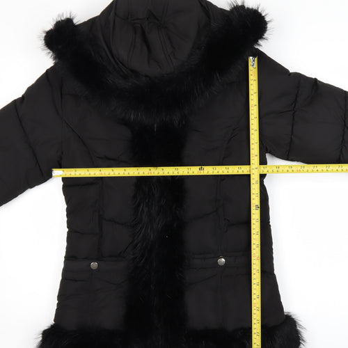 River Island Girls Black Faux Fur Trim Hooded Puffer Coat 11-12 Years