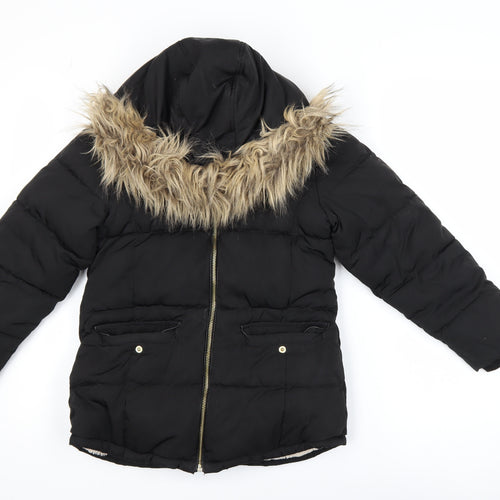 Next Girls Black Faux Fur Hooded Puffer Jacket 9 Years Winter Coat