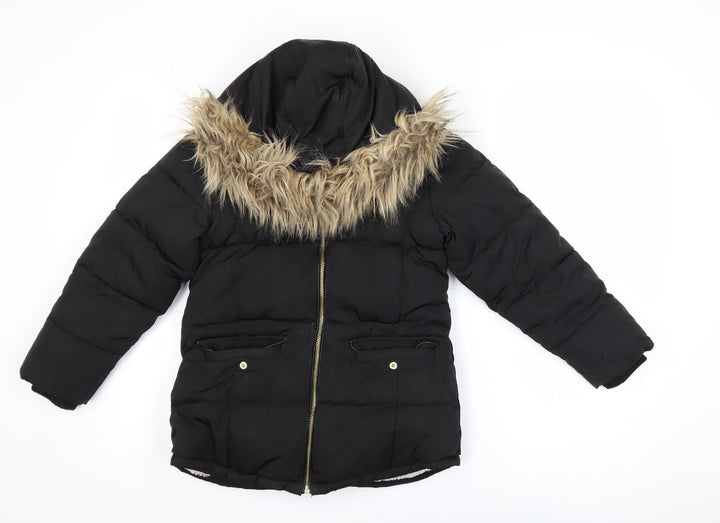 Next Girls Black Faux Fur Hooded Puffer Jacket 9 Years Winter Coat
