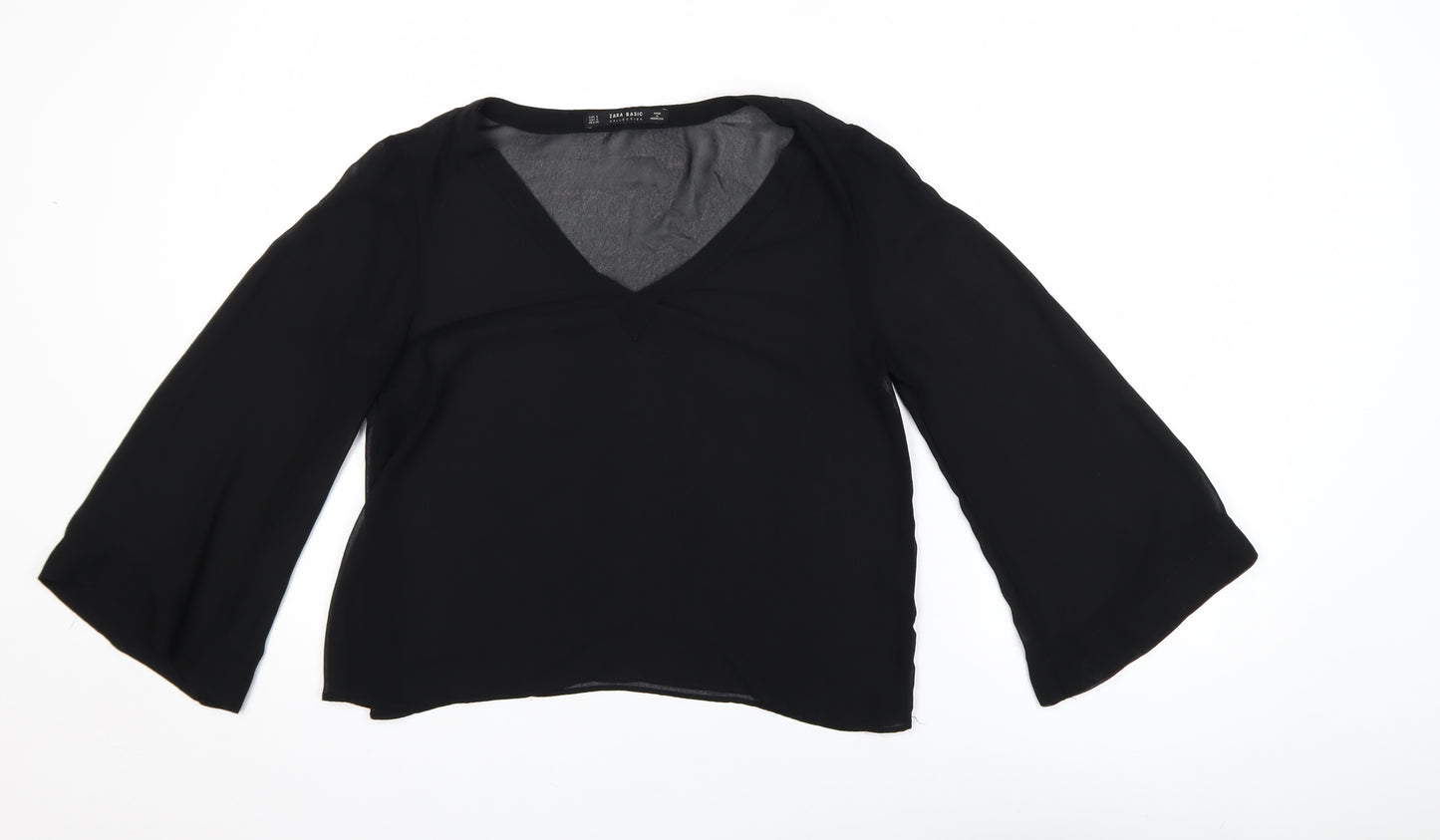 Zara Basic Women's Black V-Neck Long Sleeve Chiffon Blouse Size S