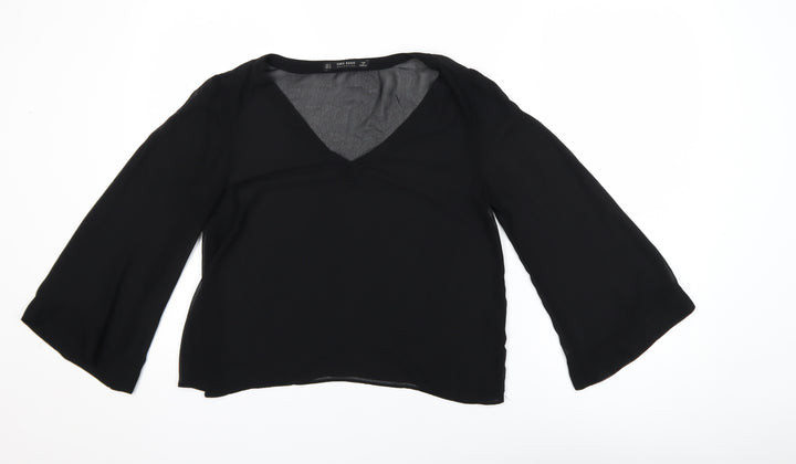 Zara Basic Women's Black V-Neck Long Sleeve Chiffon Blouse Size S