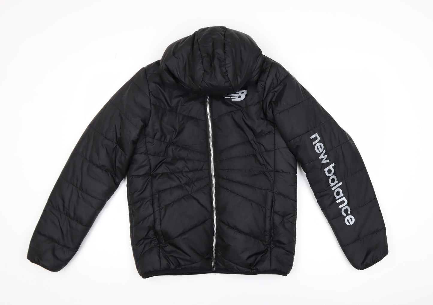 New Balance Boys Black Hooded Puffer Jacket L 10-12 Years Quilted Polyester